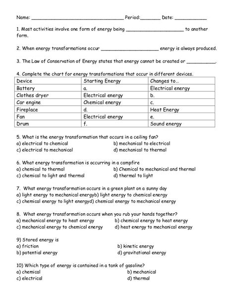 energy transformation worksheet answers 9th grade